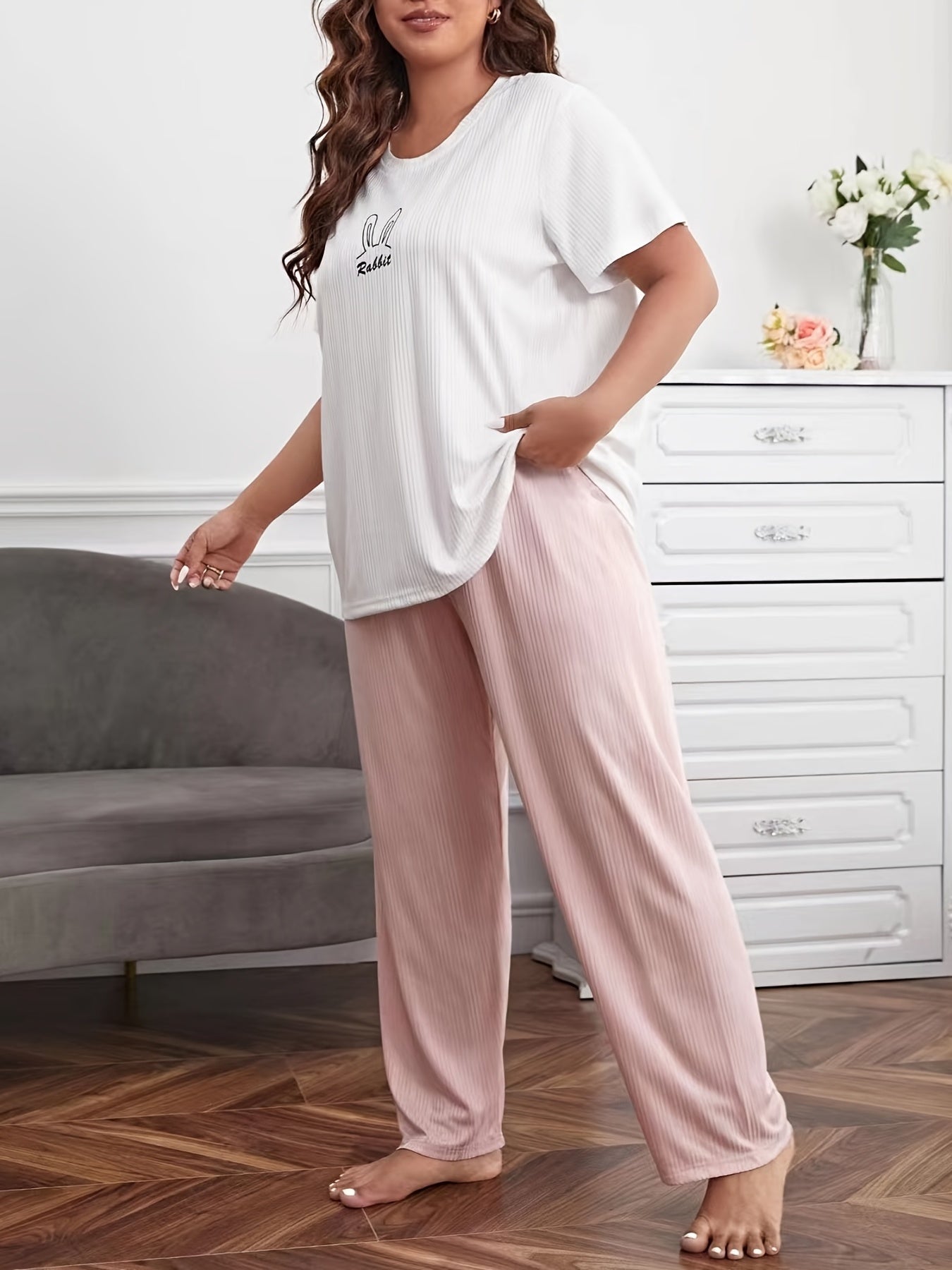  Striped & Bunny Print Pajama Set Short Sleeve Crew Neck Top & Pants