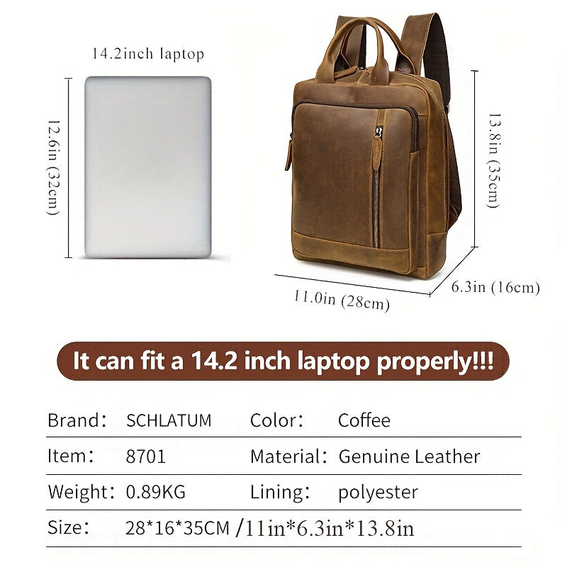 SCHLATUM Vintage Leather Backpack 14in Laptop Work Bag