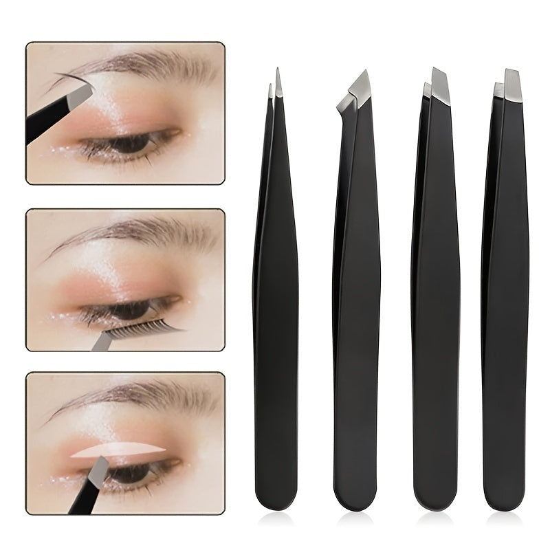 4pcs Stainless Steel Tweezers Set with Travel Case for Hair Removal