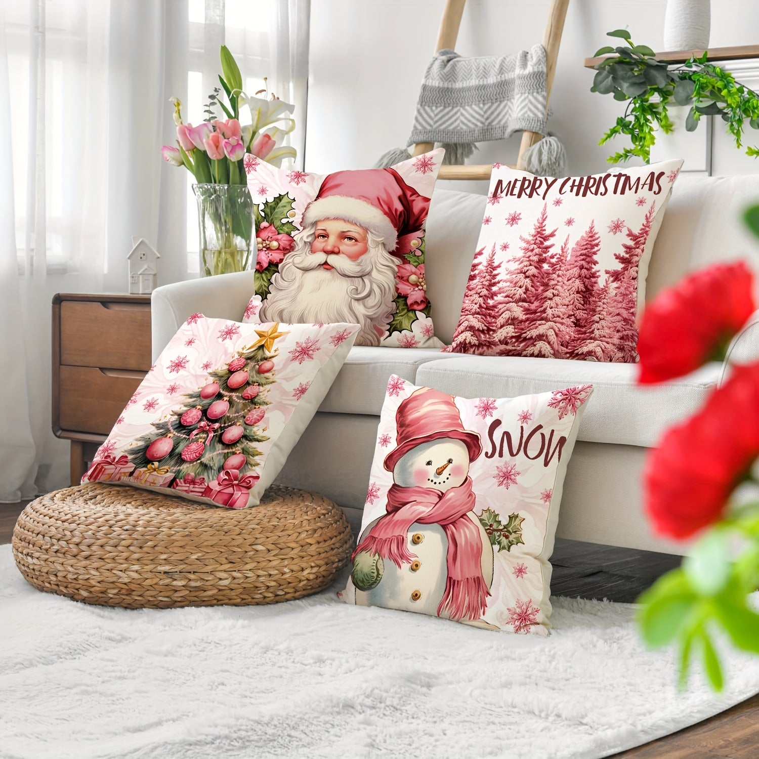 Christmas Pillowcase 18in X 18in Santa Claus Snowman Christmas Tree