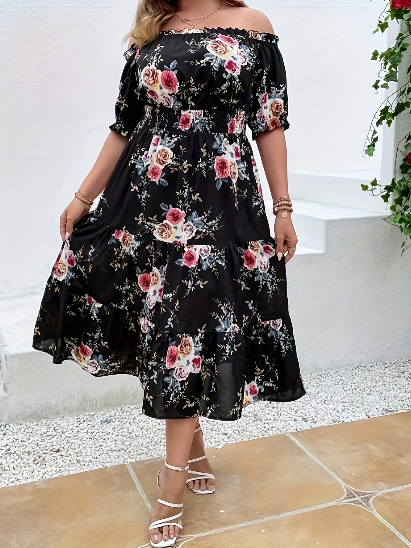  Floral Print Off Shoulder Dress