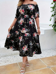  Floral Print Off Shoulder Dress