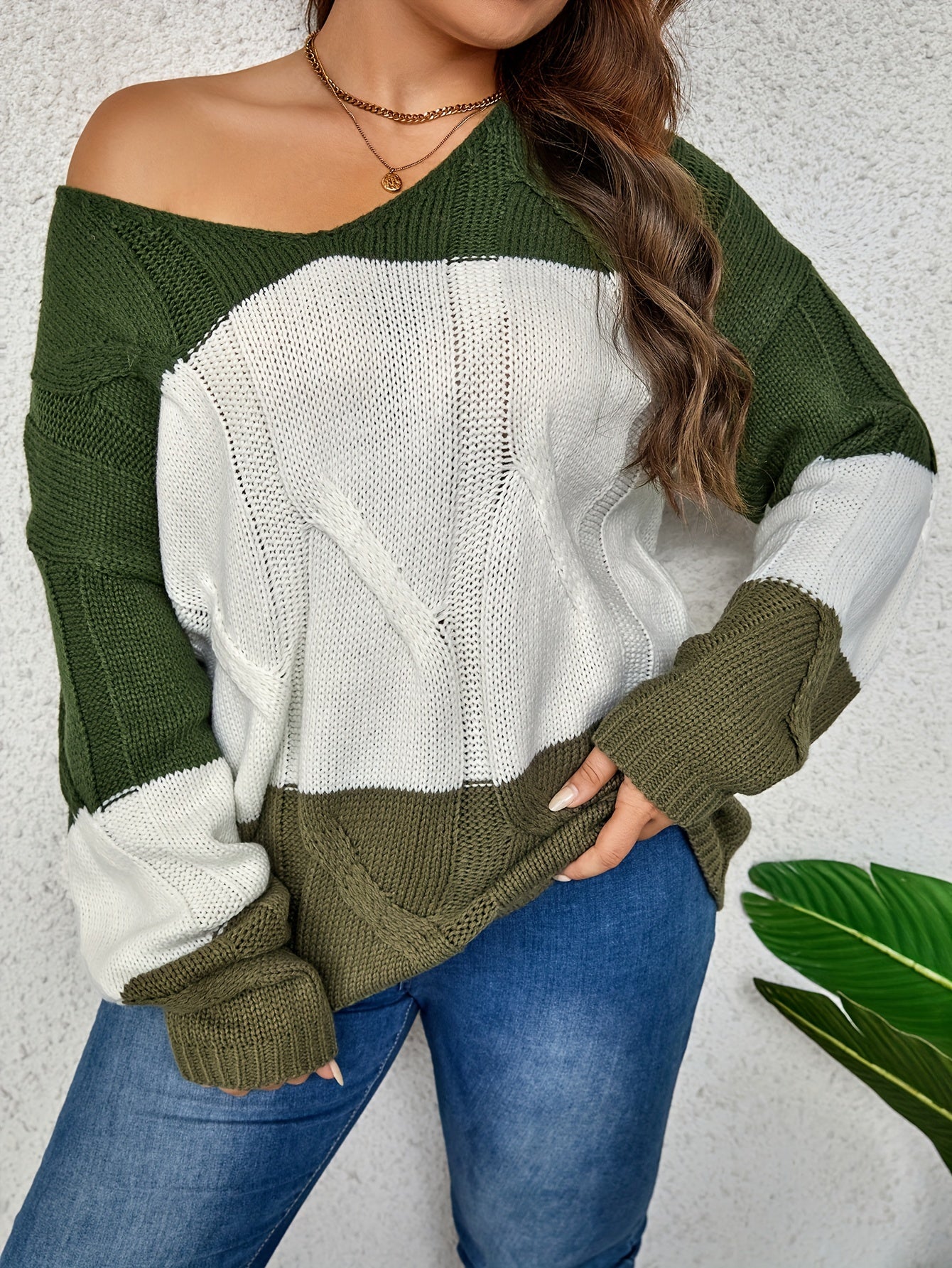Colorblock Jacquard V Neck Sweater Plus Size