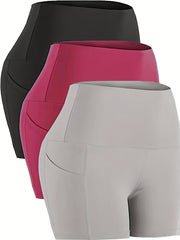 3 Pack Plus Size Sports Shorts Women's Plus Solid Pipping Medium Stretch