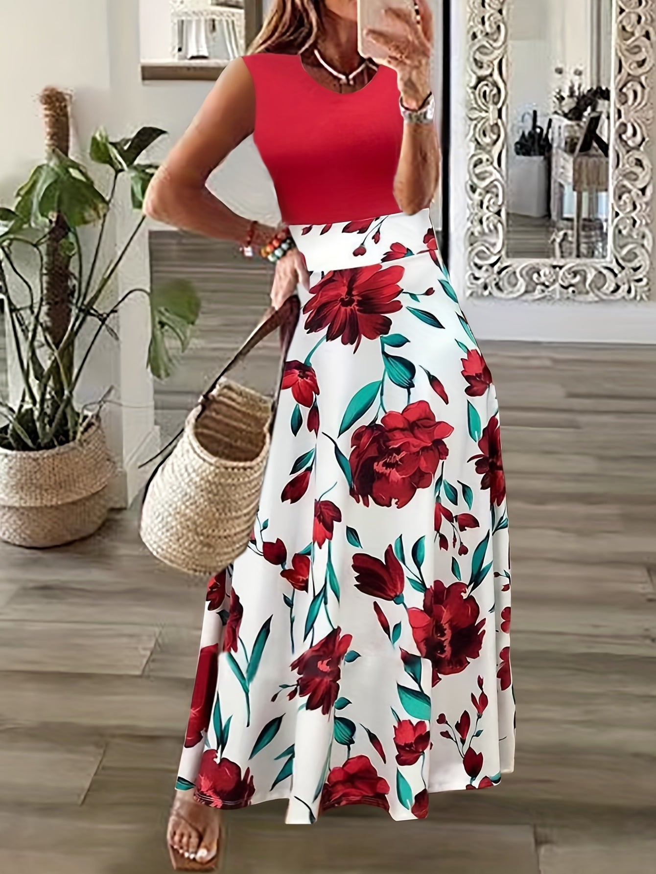  Colorblock Flower Print Sleeveless Maxi Dress
