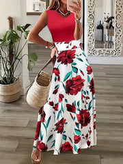  Colorblock Flower Print Sleeveless Maxi Dress