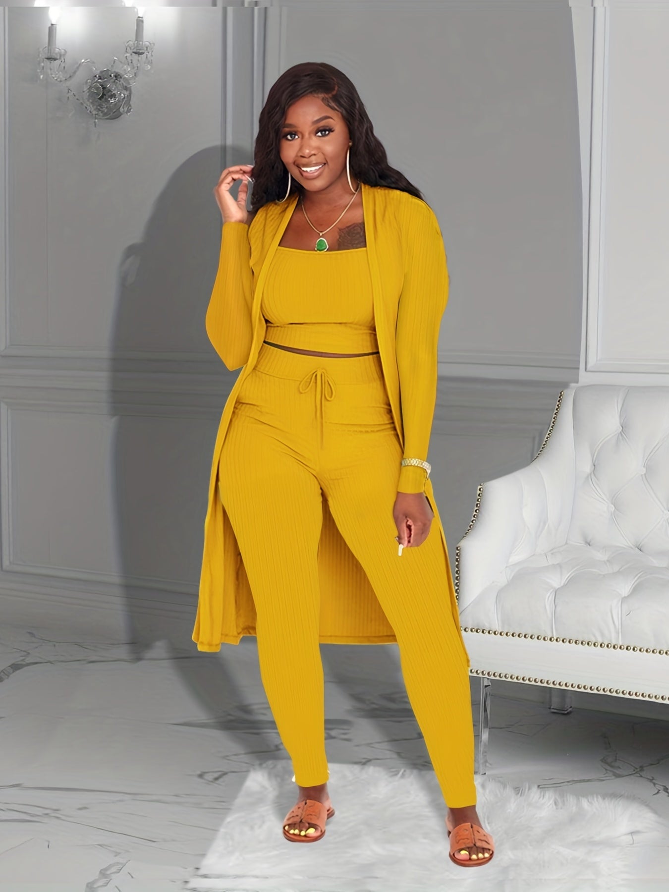 Ribbed 3pcs Set Crop Tank Top High Waist Pants Long Cardigan Outfits