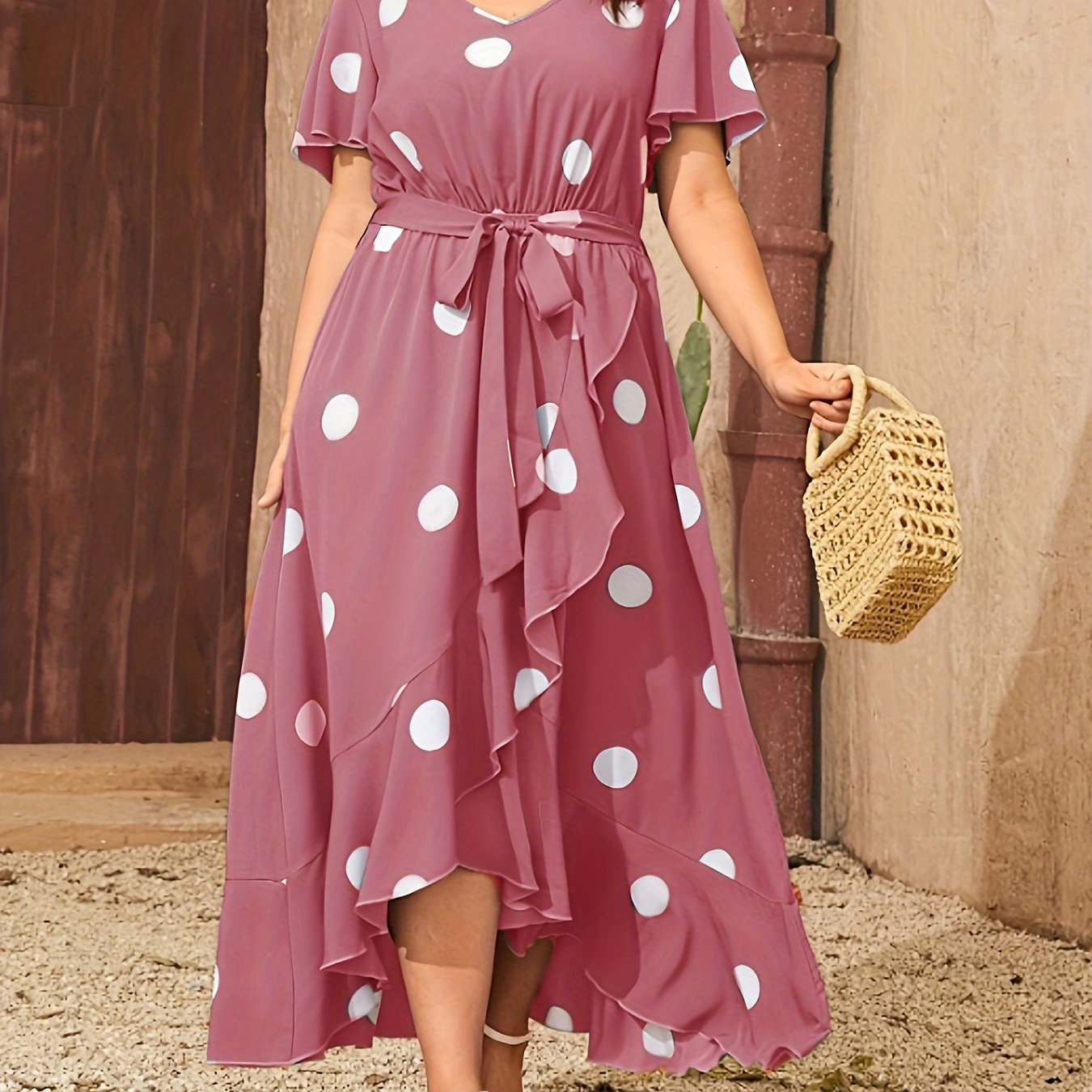  Boho Dress Women's Plus Dot Print Wrap Dress