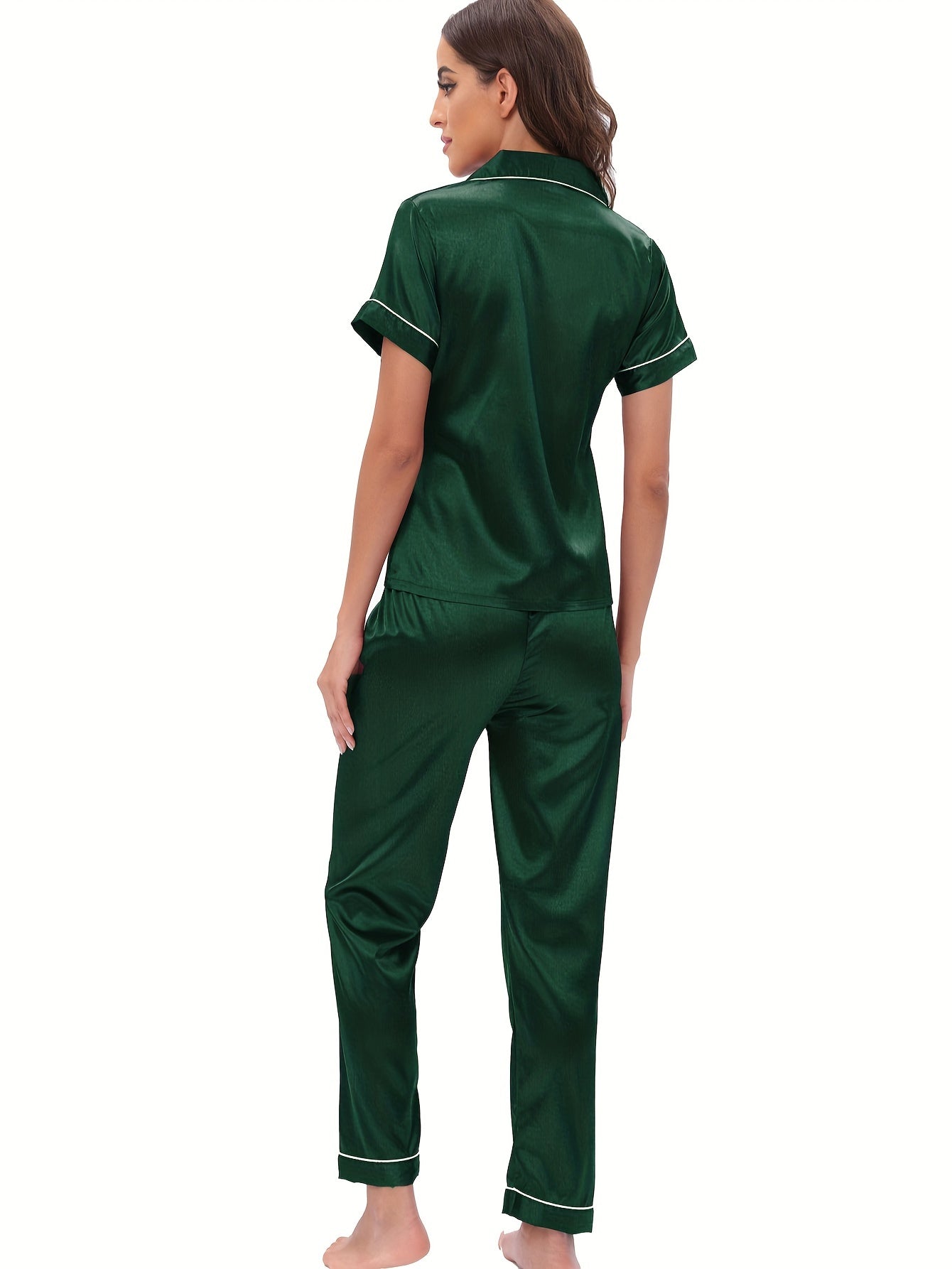 Satin Pajama Set Short Sleeve & Elastic Waistband Pants Women's Sleepwear