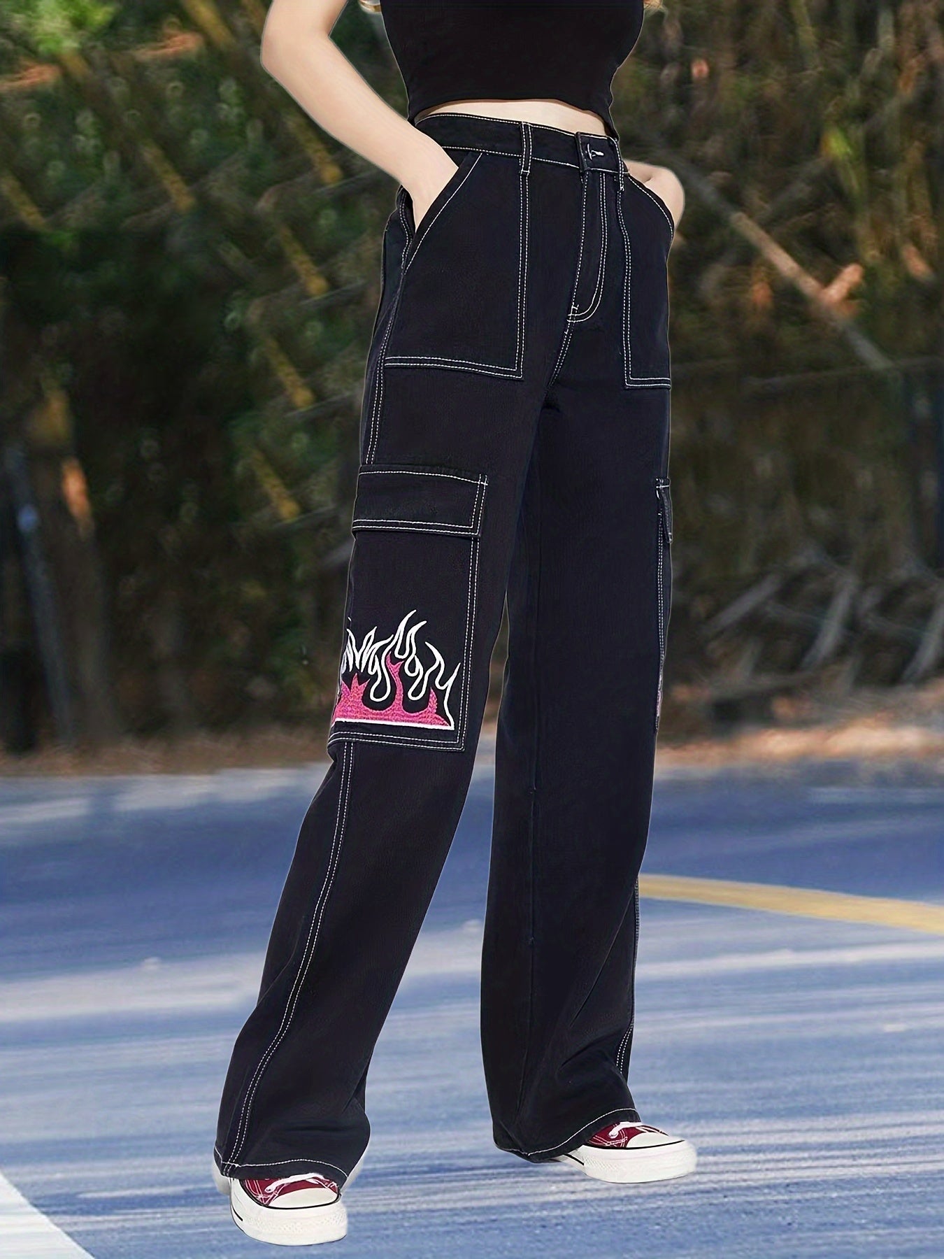 Fire Print Loose Fit Straight Jeans High Waist Non Stretch High Rise Streetwear