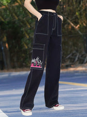 Fire Print Loose Fit Straight Jeans High Waist Non Stretch High Rise Streetwear