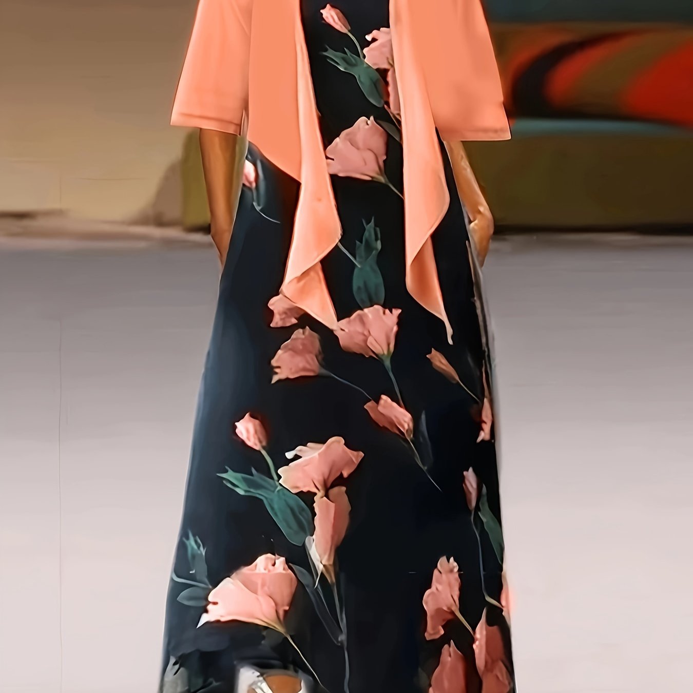 Casual Two Piece Set Open Front Tops & Floral Print Maxi Dress