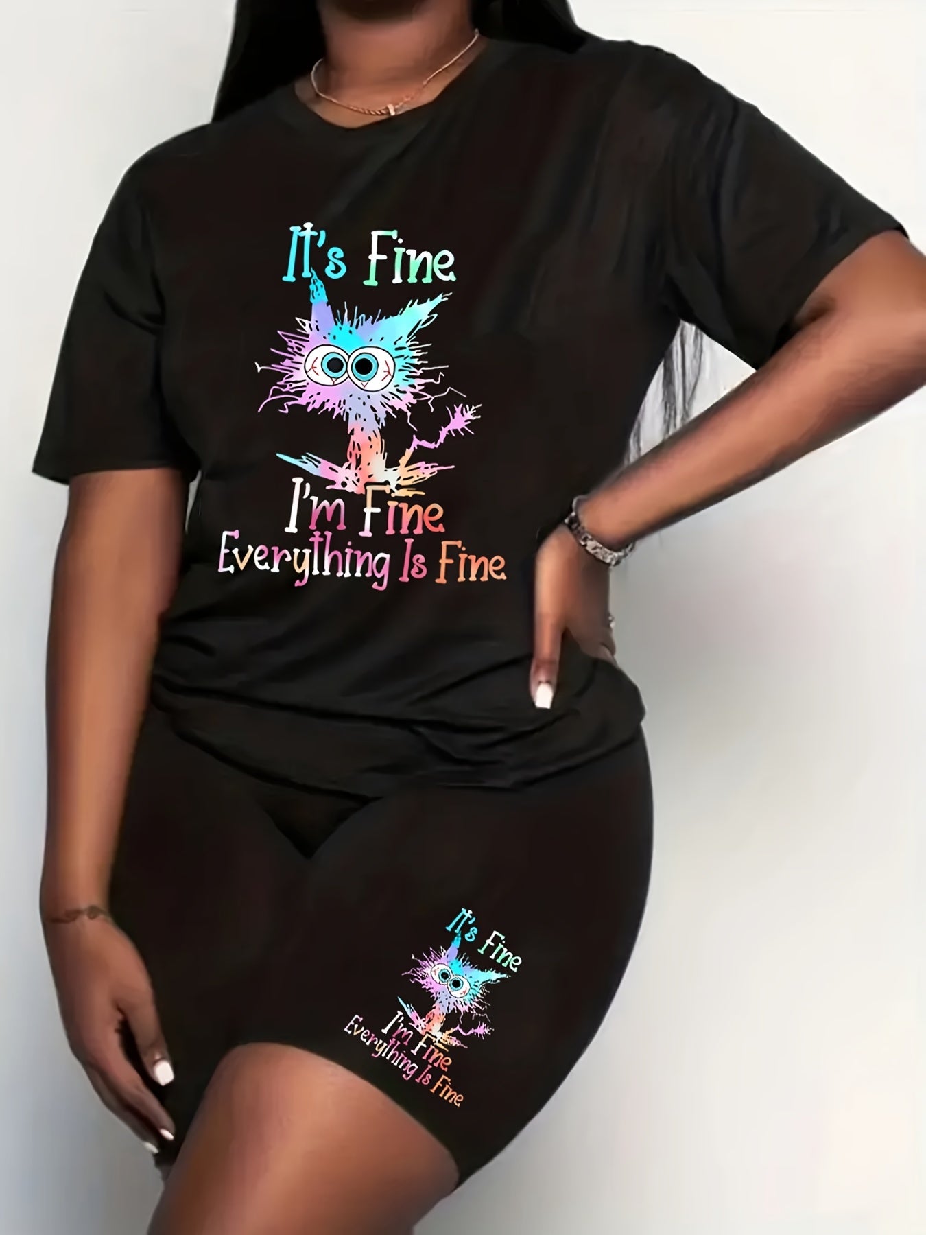  Casual 2pcs Set Women's Graphic Tee & Biker Shorts Set