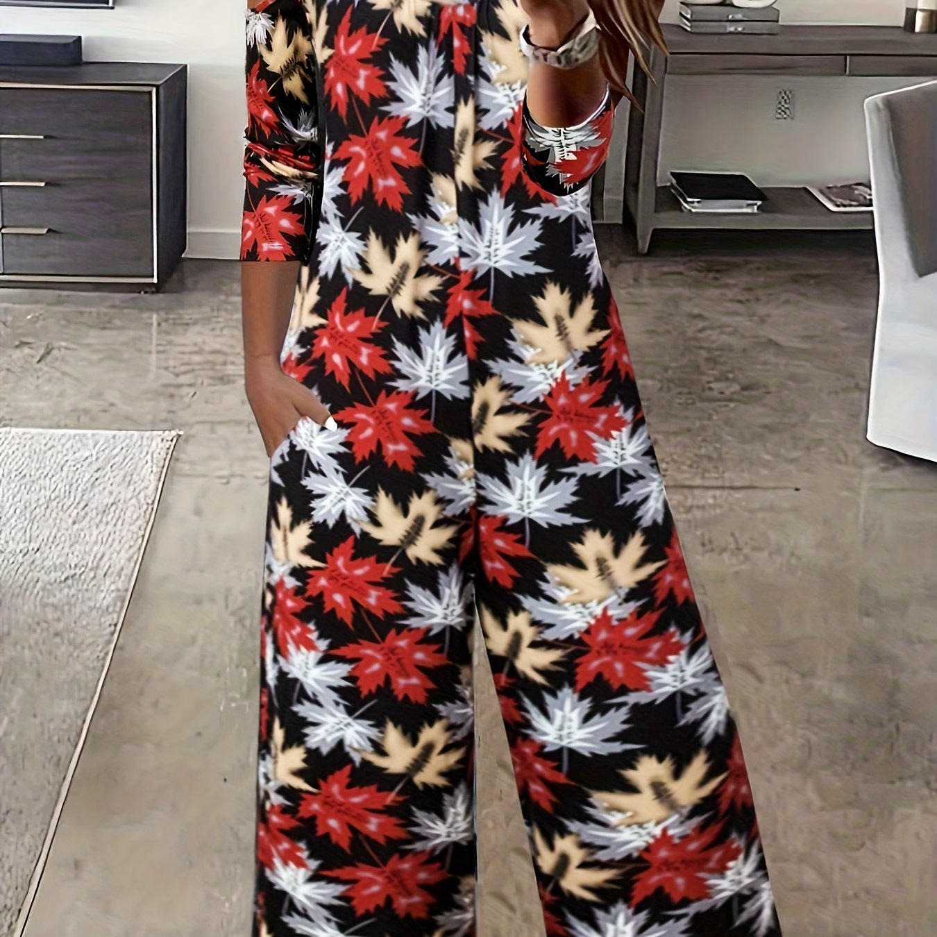  Boho Jumpsuit Women's Plus Maple Leaf Print Cold Shoulder