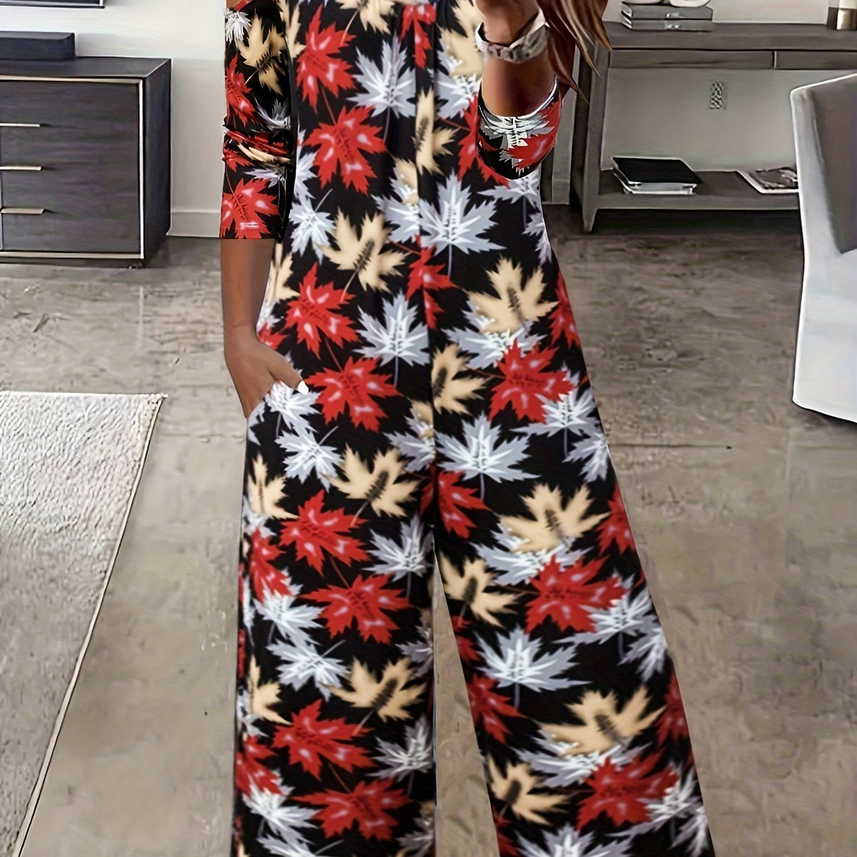  Boho Jumpsuit Women's Plus Maple Leaf Print Cold Shoulder