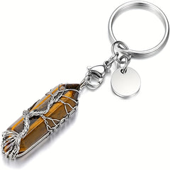 Tree Of Life Wire Wrapped Keyring Healing Stones Hexagonal Crystal Gemstone