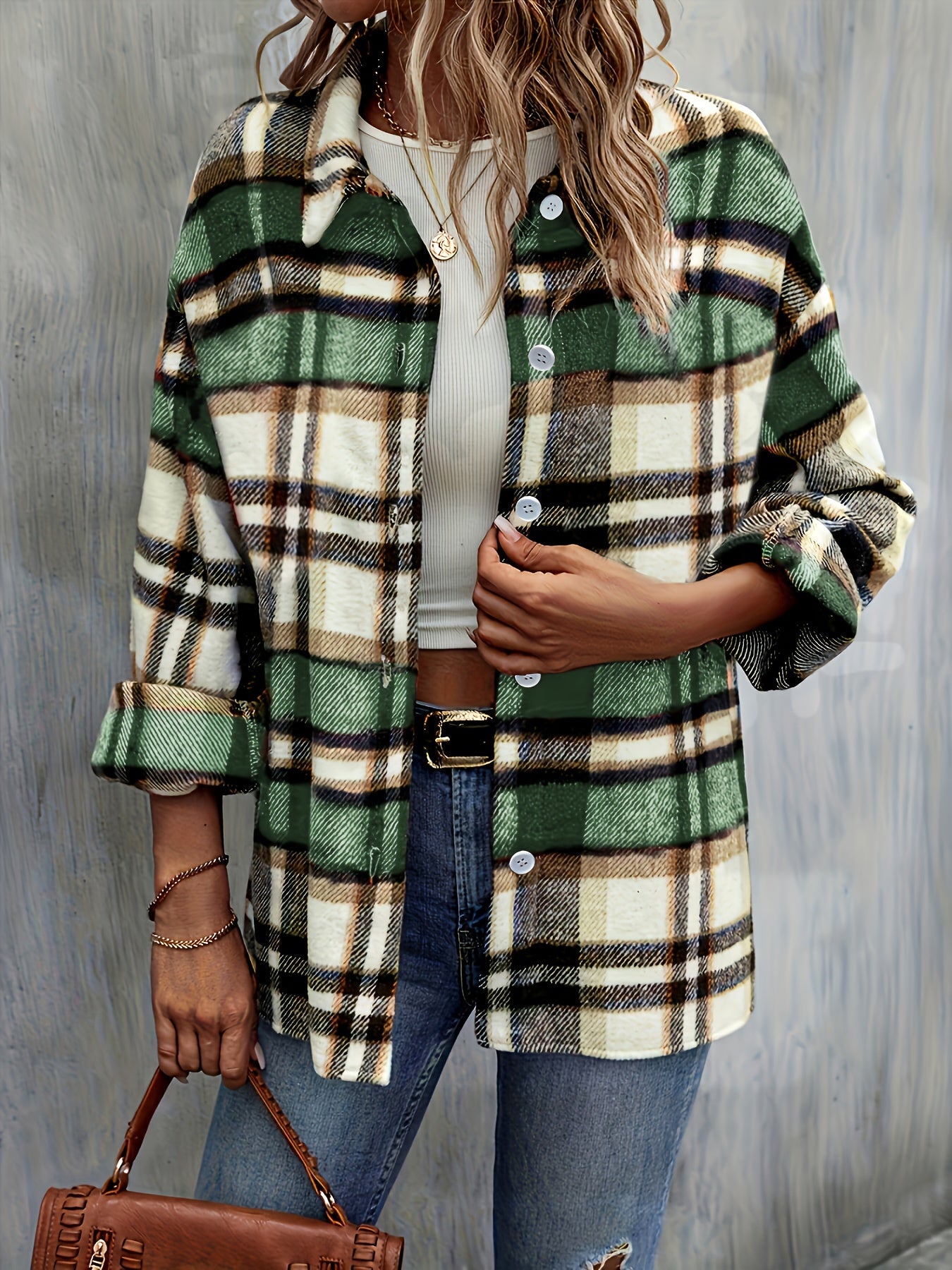  Plaid Long Sleeve Button Up Tunic Top