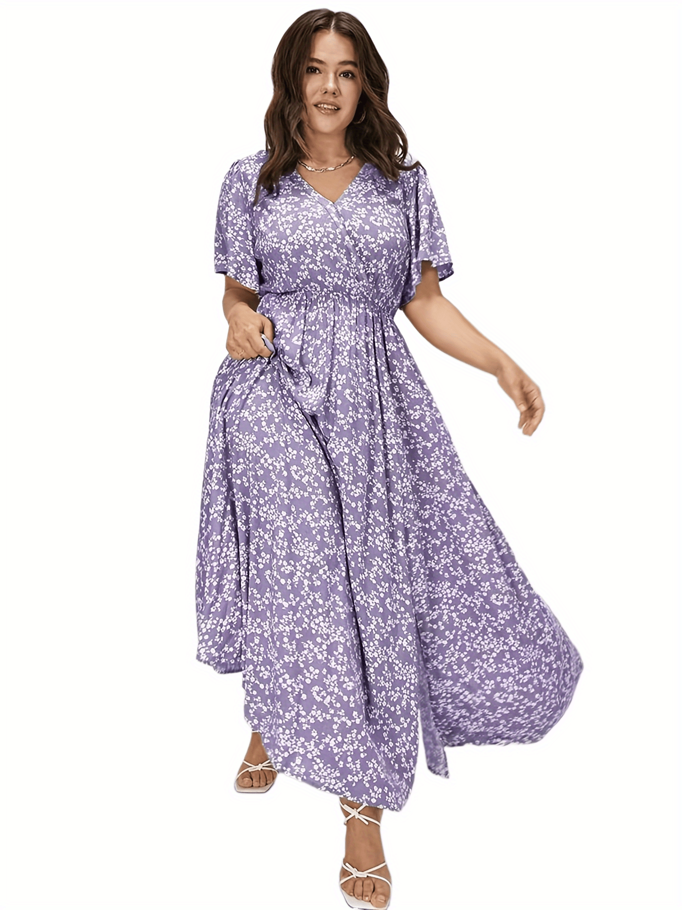  Boho Dress Floral Print Maxi Ruffle Sleeve Split