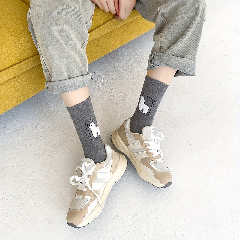 3 Pairs Alpaca Print Socks Comfy Mid Tube Women's Stockings
