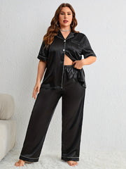  Button Up Satin Pajama Set Short Sleeve Shirt & Pants Two Piece
