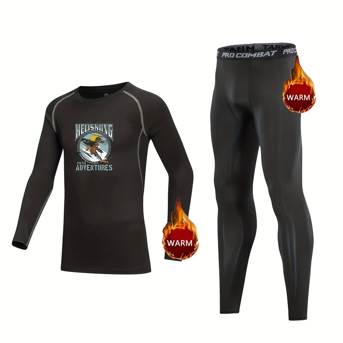 Kids Fleece Lined Compression Base Set Heliskiing Print Tops & Leggings Set