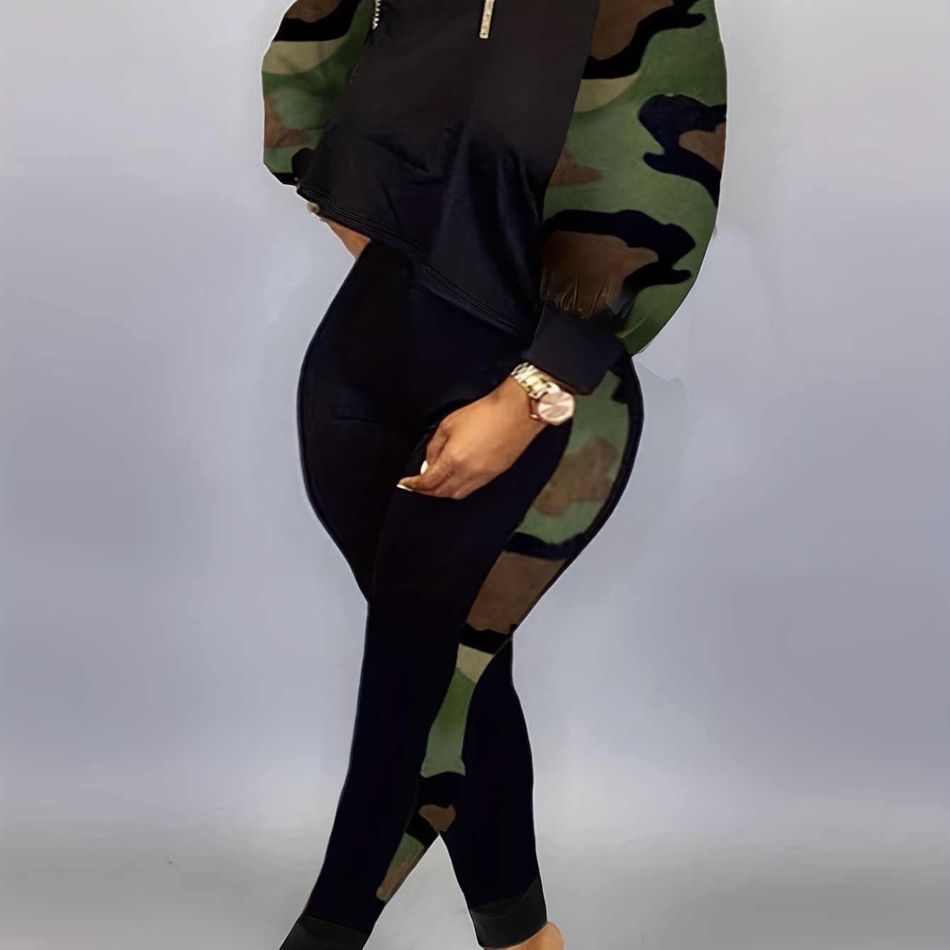  Colorblock Camo Print One Shoulder Top & Pants Set