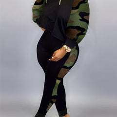  Colorblock Camo Print One Shoulder Top & Pants Set