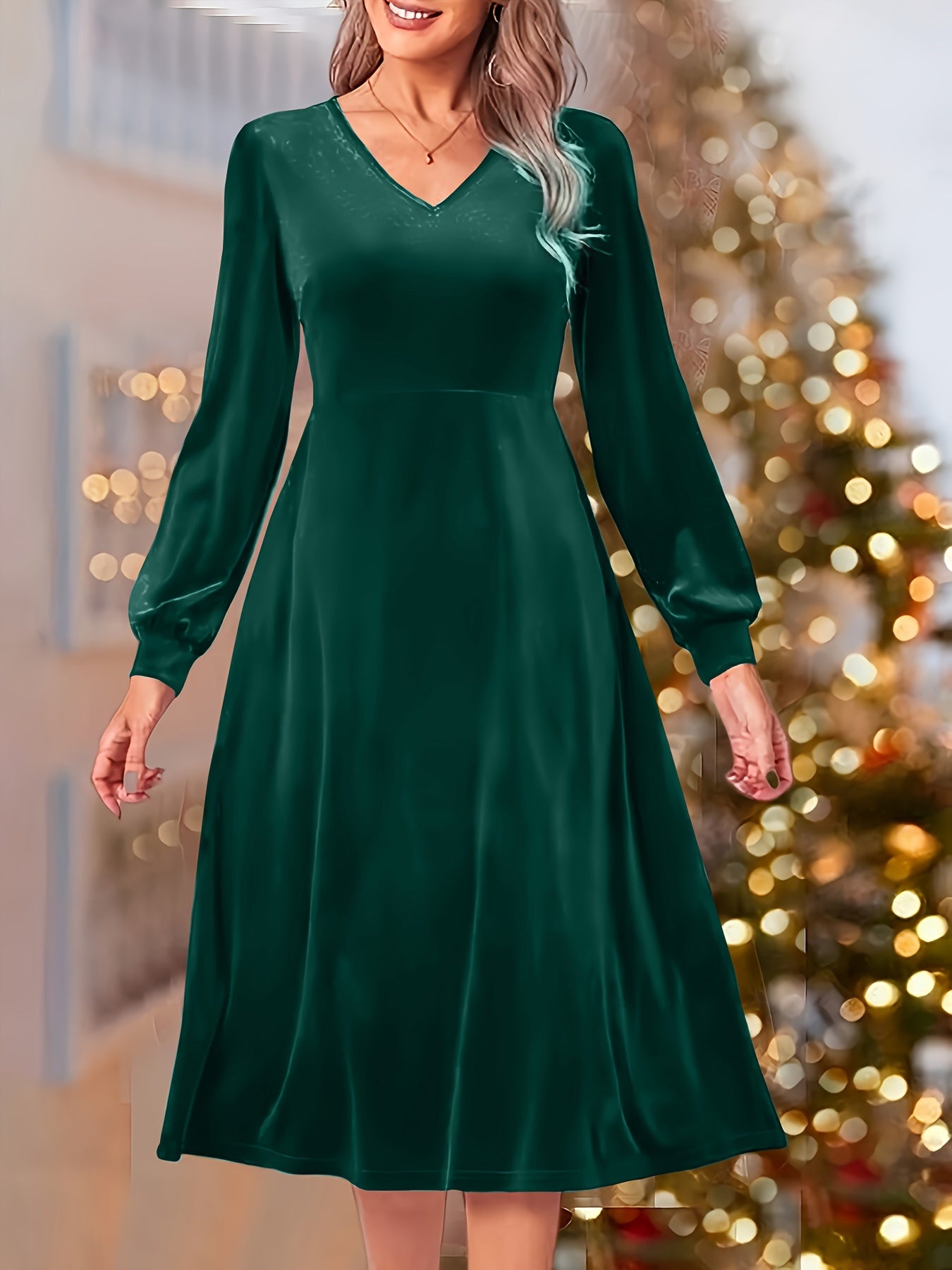 Velvet Long Sleeve V Neck Dress