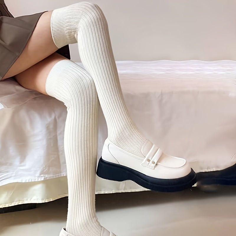 2 Pairs Solid Thigh High Socks Warm Over The Knee Socks Stockings
