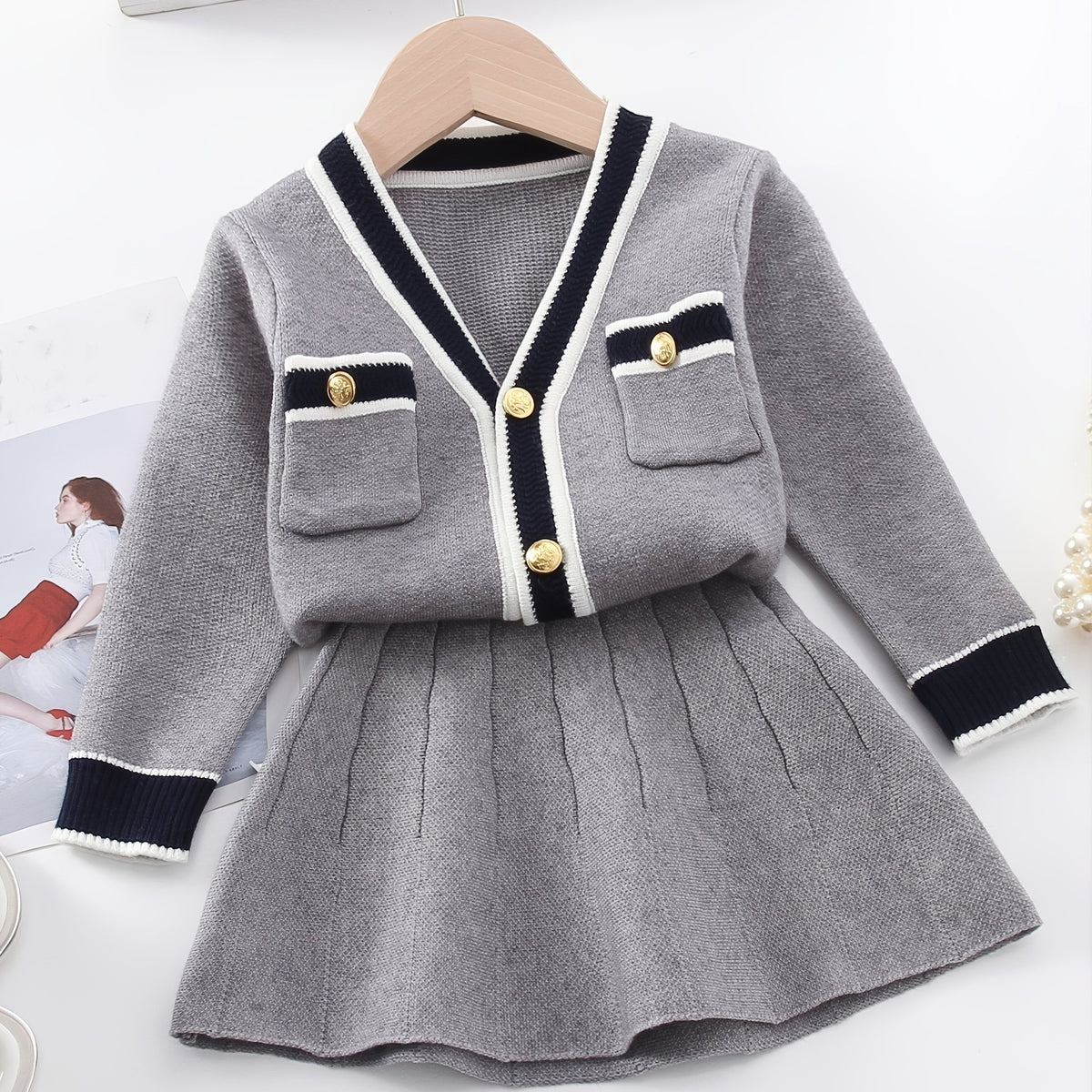 Girl's Preppy Style 2pcs Cable Knit Cardigan & Skirt Set