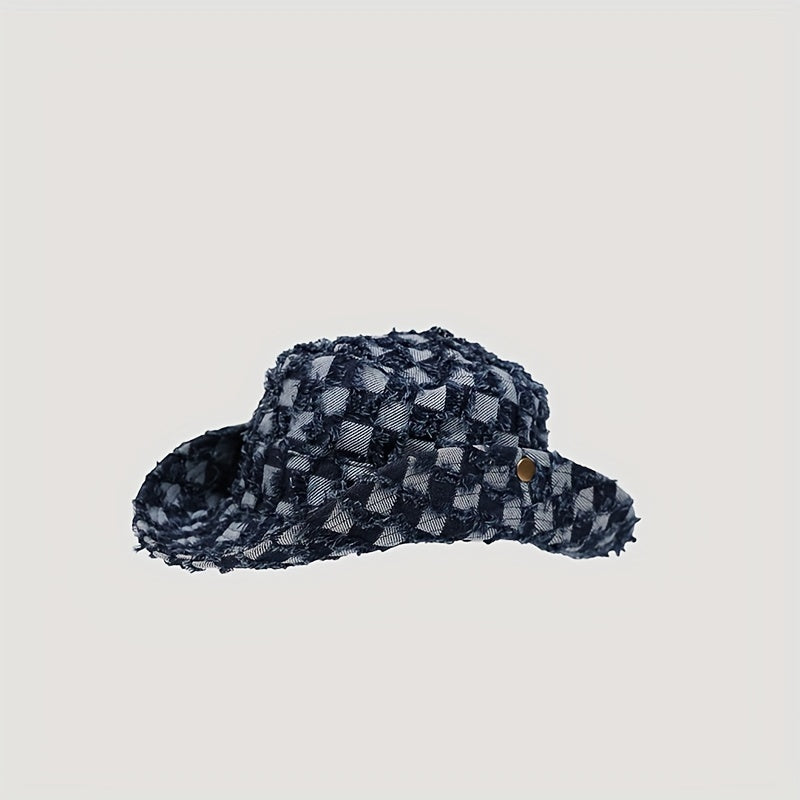 Checkerboard Denim Fisherman Hat Spring Summer Sunshade All-match Basin Hat Men