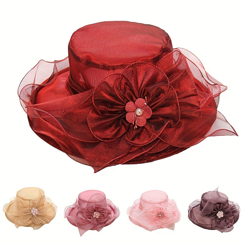 Mesh Flower Organza Sun Hat Solid Ruffles Derby Hat