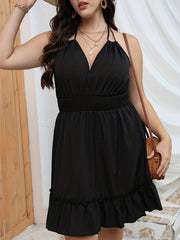  Summer Dress Deep V Neck Ruffle Trim Halter Smock Dress