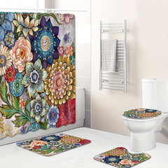 Boho Flower Shower Curtain And Bathroom Mats Set