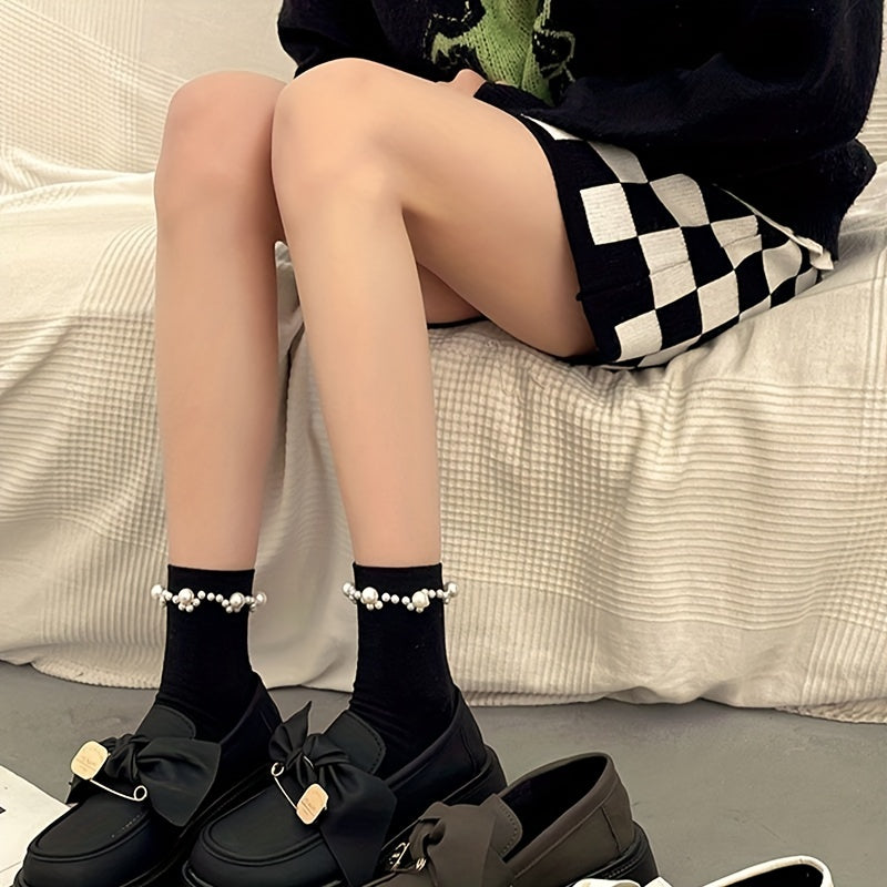 4 Pairs Faux Pearl Decor Socks Women's Stockings