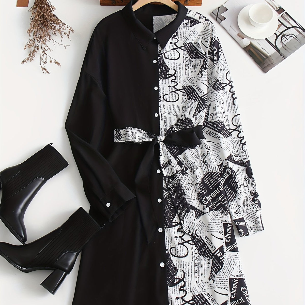  Women's Colorblock Print Button Shirt Dress