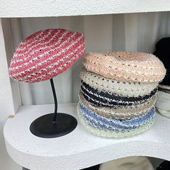Double Hollow Out Beret Plaid Knitted Painter Cap Octagonal Hat Pumpkin Hat