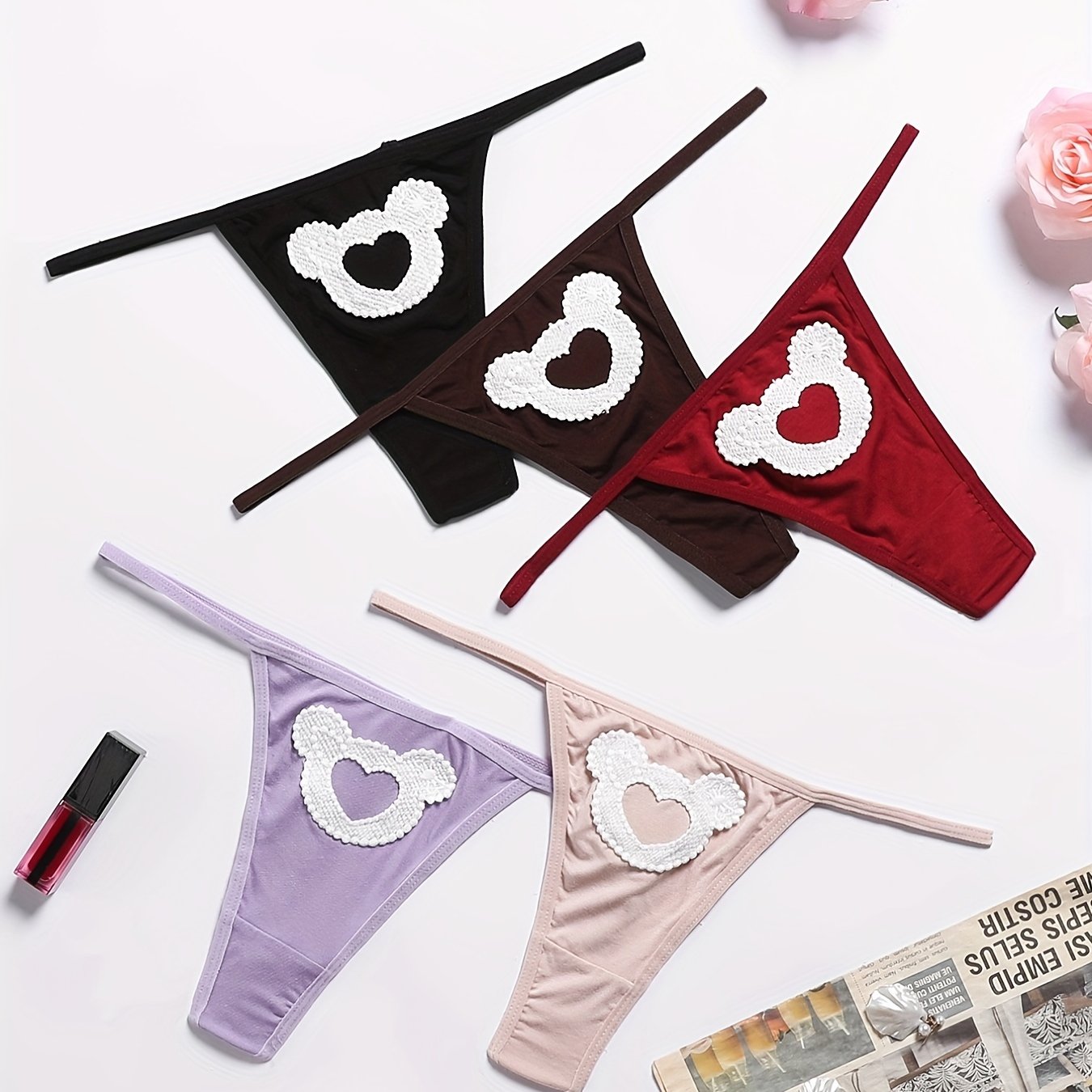 5pcs Heart Pattern Thongs Sexy Intimates Panties Women's Lingerie