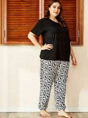  Casual Pajama Set Women's Short Sleeve Top & Print Pants Two Piece Set