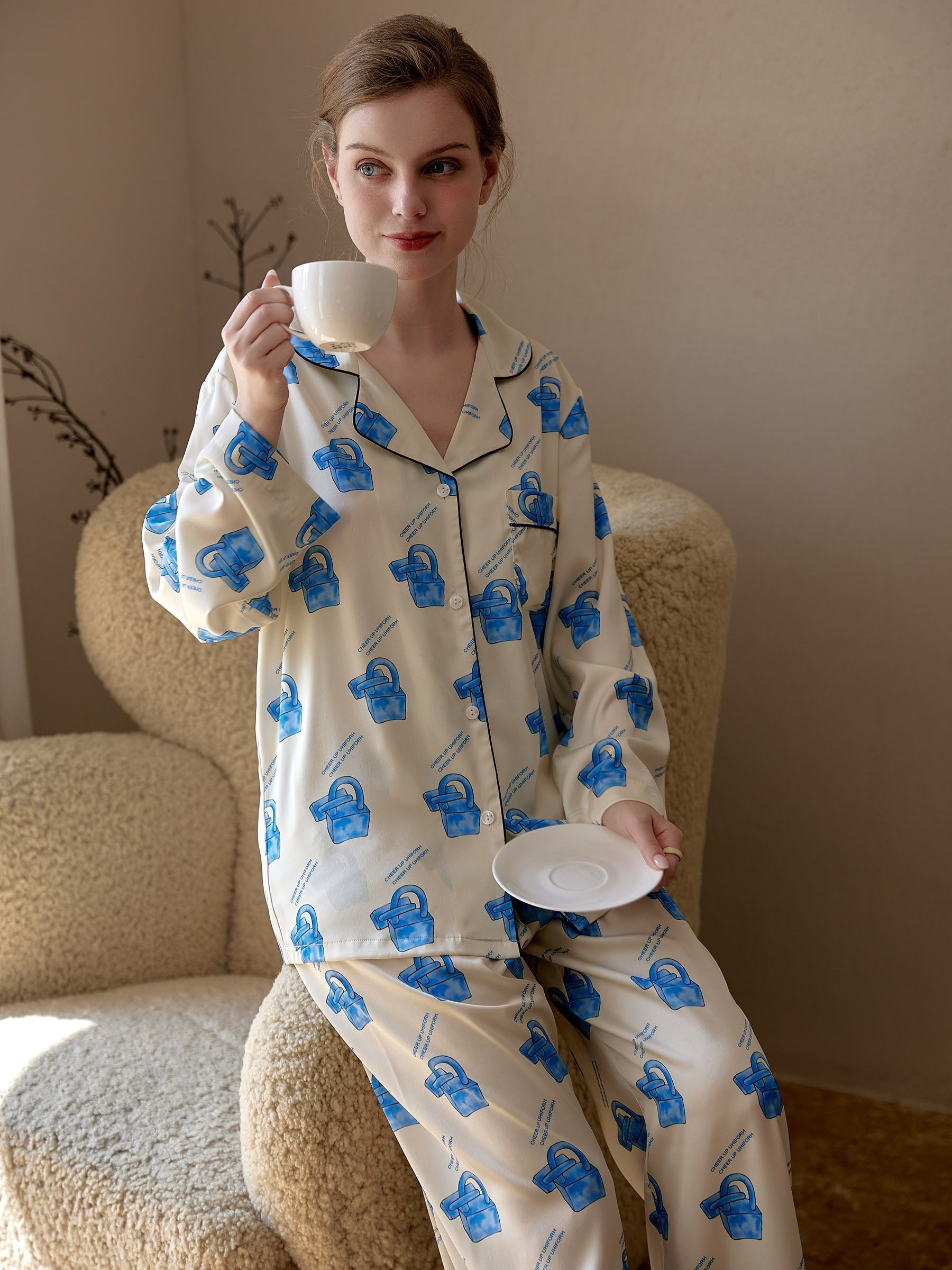 Locker Print Pajama Set Long Sleeve Top & Pants