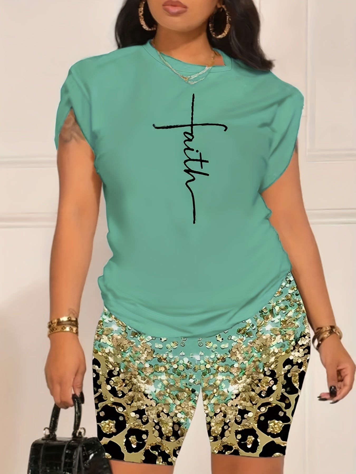 Faith Print Tee & Leopard Print Shorts Set