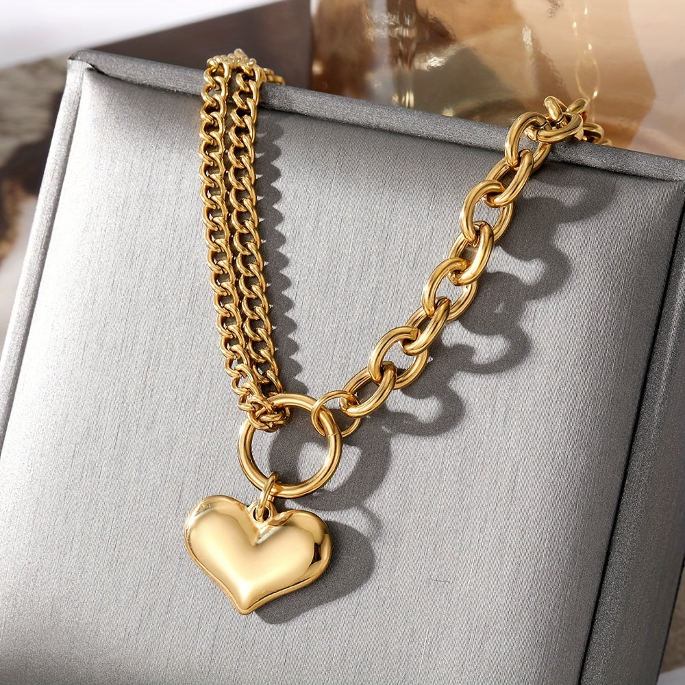 Heart Pendant Double Layers Chain Bracelet Stainless Steel Bangle
