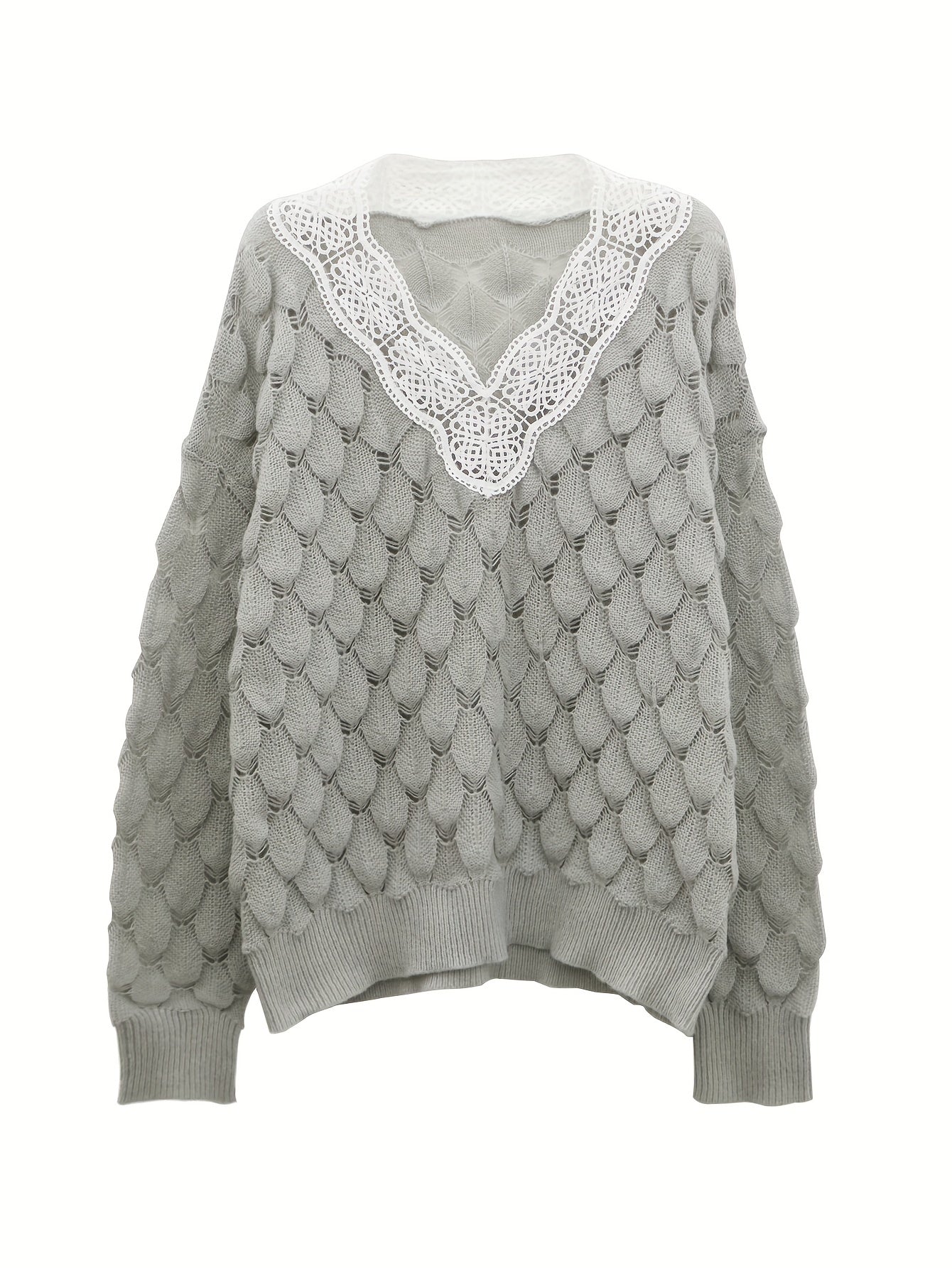  V Neck Sweater with Lace Long Sleeve