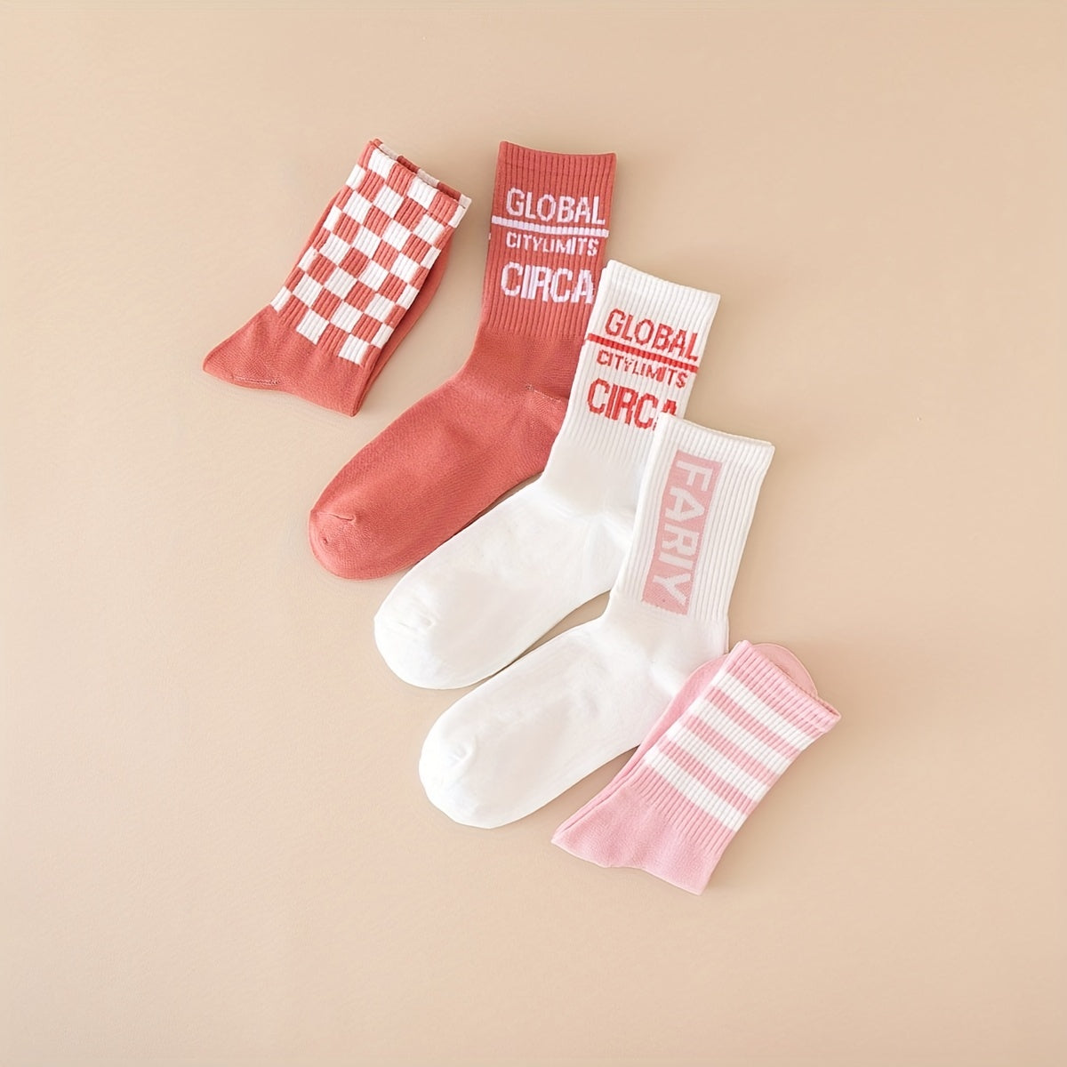 5 Pairs Letter & Striped Print Mid Tube Socks