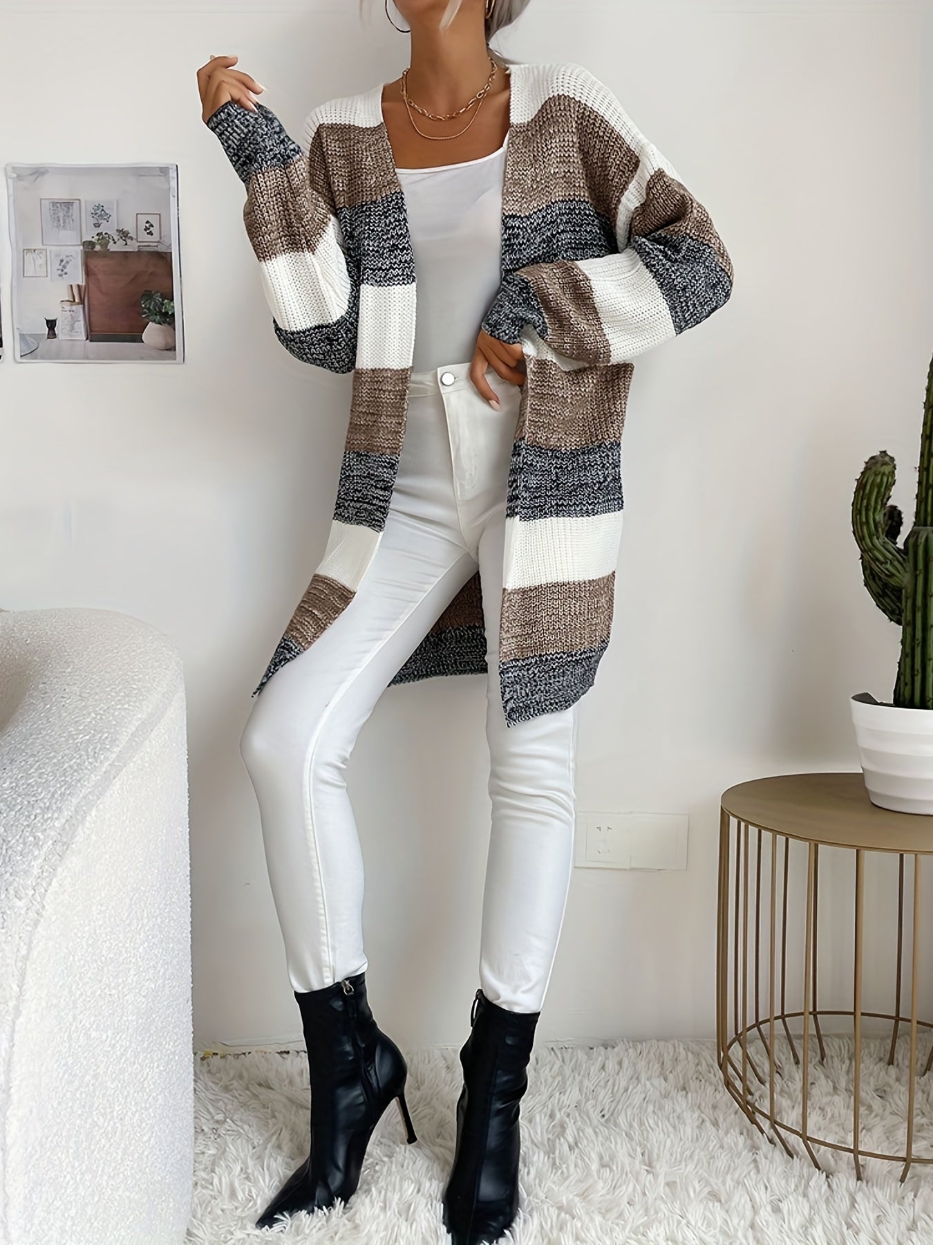  Colorblock Long Sleeve Open Front Cardigan