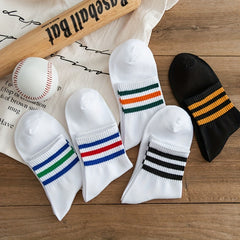 5 Pairs Striped Sports Socks Comfy Crew Socks Women's Stockings