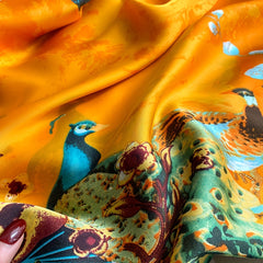 Peacock Print Scarf Orange & Block Satin Shawl