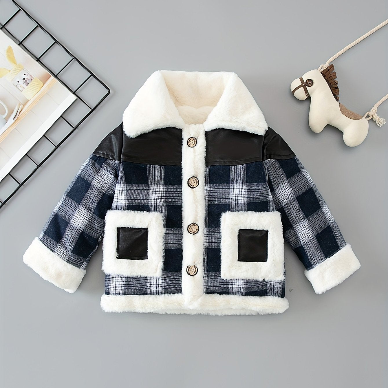 Boys Fleece Jacket Plaid Stitching Leather Winter Coat