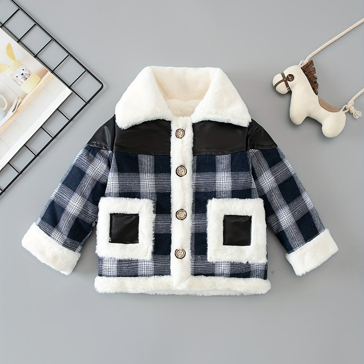 Boys Fleece Jacket Plaid Stitching Leather Winter Coat