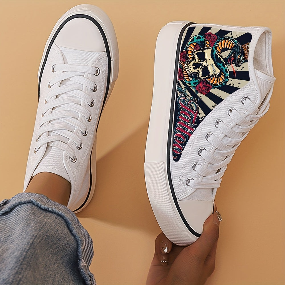 Horror Skull & Snake Pattern High Top Canvas Sneakers
